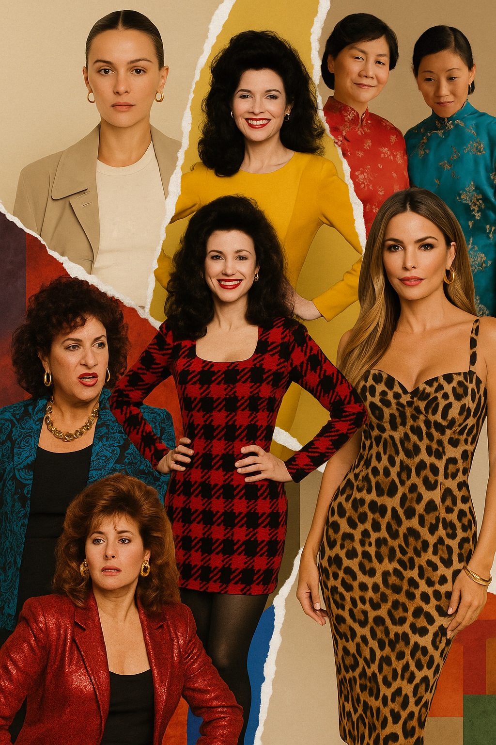 A collage of iconic women whose fashion inspired the so-called “mob wife aesthetic,” including figures styled in bold prints, gold jewelry, and vibrant colors. Contrasted with minimalist fashion worn by white influencers, the image highlights cultural appropriation and erasure in fashion trends.